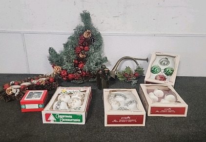 Christmas Decor Bugle 3 Boxes of Ornaments Candle Holder ..