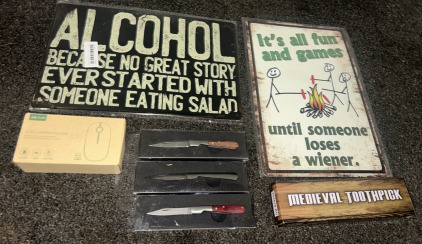 3 New Bikers Toorhpick Knives, Medieval Toothpick, 2.4G Witeless Mouse, & 2 Funny Aluminum Signs