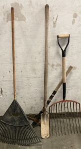 VINTAGE HAY FORK, YARD RAKE, TRENCH SHOVEL, LARGE PICK.