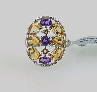 Citrine and Amethyst 925 Silver Ring (size 6.5)