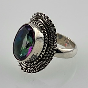 Oval Cut And Faceted Mystic Topaz And Silver Ring Size 5-1/2