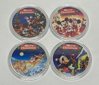 (4) “Merry Christmas” Mickey And Minnie Silver Plated 1 Oz. Collectible Coins