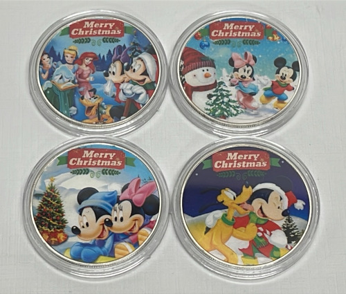 (4) “Merry Christmas” Mickey And Minnie Silver Plated 1 Oz. Collectible Coins