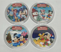 (4) “Merry Christmas” Mickey And Minnie Silver Plated 1 Oz. Collectible Coins