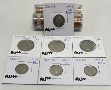 (7) Swiss Coins Dated 1974-2014 (AU+ And AU++), (2) Roles 1963 D Lincoln Memorial Pennies (BU++)