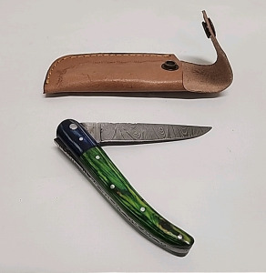(1) Damascus 8" Folding Knife With 4" Blade And Sheath