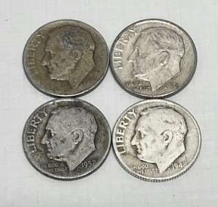 (4) Roosevelt Silver Dimes Dated 1943 to 1958