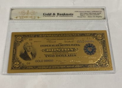 (1) $2 Bill Series 1918 G9 24k Gold Flaked Bank Note W/ Coa