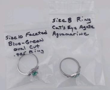 (1) (Size 10) Faceted Blue-Green Oval Cut .925 Ring & (1) (Size 8) Cat's Eye Agate Aquamarine Ring