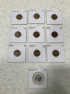 (9) 1914-P to 1939-S Lincoln Wheat Pennies & (1) 2022-D Roosevelt Dime Coin