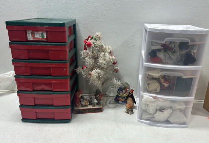 (2) Plastic Storage Bins Full of Christmas Ornaments and Other Decor, Animals Bringing Presents to Santa Statue, Y2K Snowglobe, Holiday Miniature Lamp Candle Holder, Small Artifical White Christmas Tree, and More Holiday Statues and Ornaments