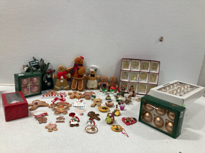 Box full of Christmas Decor, Assorted Ornaments And Gingerbread Man Decor