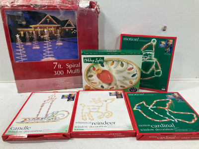 (4) Window Decor Christmas Lights (2) Holiday Lights Serving Dish (1) 7ft Spiral Tree with Lights