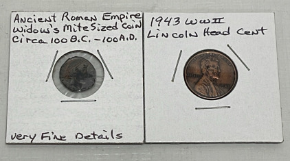 (1) Ancient Roman Empire Wdows Mite Sized Coin Circa 100BC-100AD, (1) 1943 WWII Lincoln Head Penny