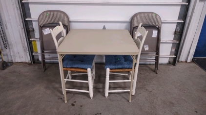 (1) 34"x 34"x 28&frac12;" Foldable (Tan) Table, (2) Wooden Chairs w/ Padding, & (4) Foldable Metal Chairs w/ Padding