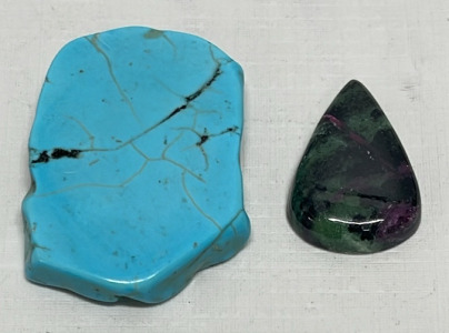 (1) 78.20ct. Turquoise Freeform Slice Gemstone, 24.75ct. Natural Red Ruby & Zoisite Gemstone Cabochon (Tumbled And Polished)