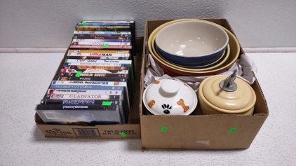 (1) Box of (25) Movie CDs in Cases w/ (1) Box of Kitchen Bowls & Cookie Jars