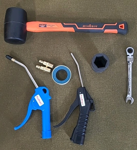 (1) 16-0z Rubber Mallet, (2) Air Blow Guns, (1) 30MM Impact Socket, (1) 10MM Ratcheting Box End Wrench & (1) Box Of Assorted Amazon Overstock/ Returns