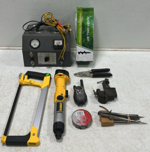 Vintage EICO Model 1050 Battery Charger And Eliminator, DeWalt Heavy Duty Cordless Screwdriver, DeWalt Hacksaw, Gardening Auger Drill Bit, Small Vice Grip, X-Acto Filer Set, Talkabout T6500 Radio