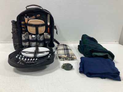 (1) ProngHorn Picnic Backpack, Cups, Plates, Wine Opener, Tablecloth, Blanket, Compass, and much more!!