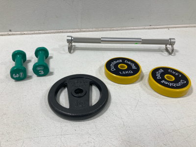 Workout Equipment, (2) Bell 3 Pound Weights, (1) 10 Pound Metal Kettle Plate, (2) Dumbell Barbells 1.5kg And Metal Weightlifting Bar