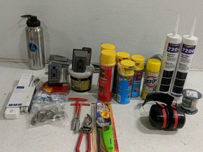 (22) Tool and Supply Collection - (1) Water Bottle (2) Surge Protector (6) Foam Sealant (2) Wall Adhesive (1) Stucco Patch (1) Wire Roll (1) Ear Protection (1) Multipurpose Lighter (1) Extension Tool (1) Cutter (1) Shears (4) Pipe Clamps