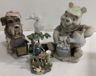 (4) Garden Figures - (1) Santa Dog (1) Winnie the Pooh (1) Seahorse (1) Musical Angel w/ Swan