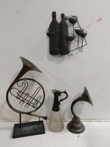 (4) Decorative Metal Art Set - (1) French Horn Sculpture (1) Wine Bottle Wall Art (1) Metal Gramophone Horn (1) Glass Pitcher w/ Metal Handle