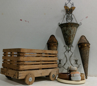 (8) Home Decor Collection - (1) Wooden Crate Wagon (1) Metal Candle Holder (1) Decorative Butterfly Wall Basket (1) Pair Hanging Wall Sconces (1) Butterfly Wire Decor (3) Assorted Small Pots