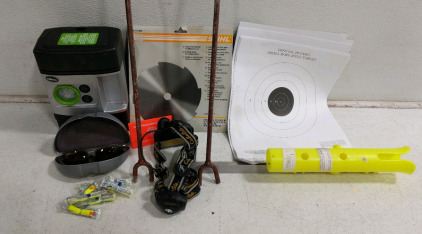 (6) Mixed Outdoor Gear Lot - (1) Ruby Project Sunglasses (1) Slime Air Compressor (1) Cabela's Headlamp (1) Stihl Cutting Blade (1) Rifle Target Sheets (1) Yellow Fish Stringer