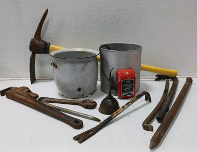 Pick Axe, Large Pipe Wrench, (3) Prybars Small Oil Can, Tin Pot and Home Milk Pasteurizer