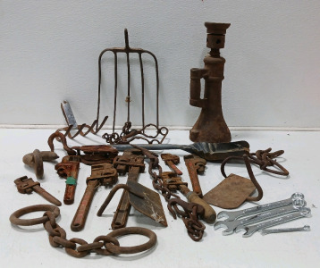 Crate of Old Tools Fire Hose Nozzle , (2) Forks, (7) Pipe Wrenches, (2) Hoes, Chains and More