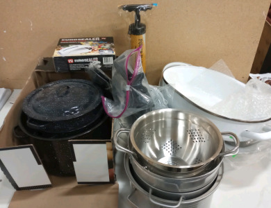 (4) Cooking Pots (2) Strainers (1) Euro Sealer (1) Slicer (2) Spatulas (1) Power Plunger (1) Croc pot (1) Bistro Plate (R1)