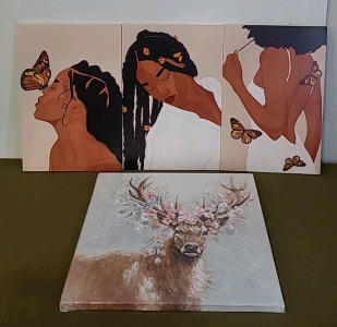 (1) 3-Piece Modern Canvas Wall Art Set, African Woman/Butterflies and Flowers, Each Is 16"W x 24"T & (1) Flowered Deer Canvas Wall Art, 24" x 24"