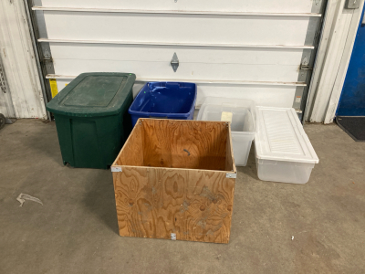 (5) Plastic Bins- Assorted Sizes 2 With Lids, (1) Wooden Box- Sturdy Good Quality