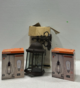 (1) Designers Fountain Tiverton Outdoor Wall Lantern, (2) New Sylvania “Vintage” Lowell Cage LED Pendant Light