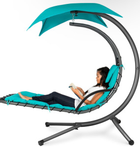 New Hanging Curved Chaise Lounge Chair with Built-In Pillow and Removable Canopy (Teal)