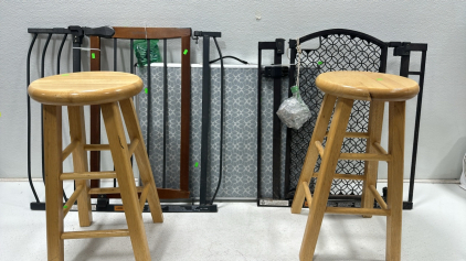 Metal Fold-Out Card Table, (2) Wooden Stools, (2) Summer Metal Baby Gates