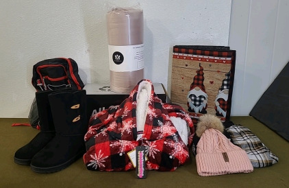 (1) Kingole Sherpa Fleece Blanket, Timid Pink, Twin, (1) Pair Of Womens Snow Boots, Size-8, (1) Fleece Hoodie & More