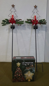 (1) LED Projector Christmas Tree Topper, Gold, (1) Pair Of Solar LED Outdoor Stake Lights & (1) Box Of Assorted Christmas Decor & Amazon Overstock /Returns