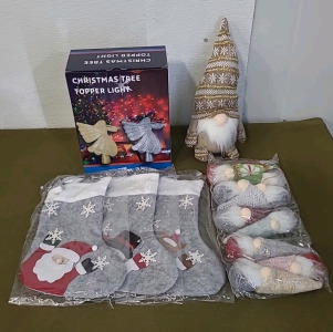 (1) Angel Christmas Tree Topper Light, Assorted Gnome Decorations & (1) 3-Piece Christmas Stocking Set