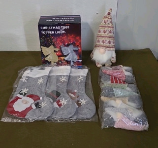 (1) Angel Christmas Tree Topper Light, Assorted Gnome Decorations & (1) 3-Piece Christmas Stocking Set