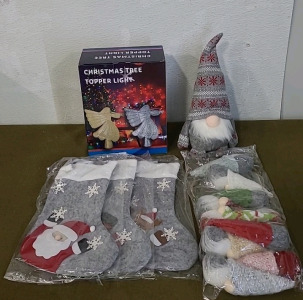 (1) Angel Christmas Tree Topper Light, Assorted Gnome Decorations & (1) 3-Piece Christmas Stocking Set