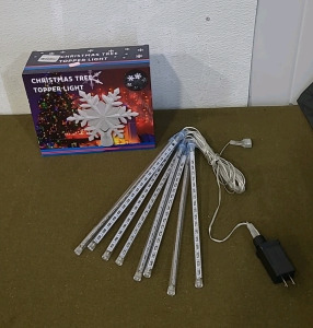 (1) Snowflake Christmas Tree Topper Projector, Gold, (1) Icicle LED Light String & (1) Box Of Assorted Christmas Decor/ Amazon Overstock