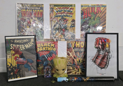 Marvel Collectibles- Framed And Unframed Posters, Iron Spider Figure, Dr Strange Infinty Stone Necklace