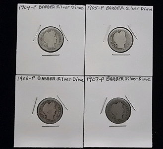 (4) Barber Silver Dimes- 1904, 1905, 1906, 1907