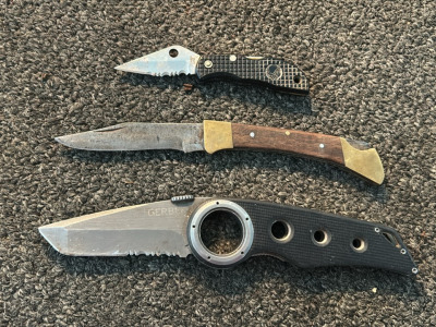 Spyderco Black Folding Knife, Vintage Pakistan Folding Knife, & Gerber Tactical Knife
