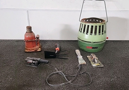 Coleman oil Camp Heater, Bottle Jack,Hand Garden Rake Black heater Screwdriver, Putty Knife