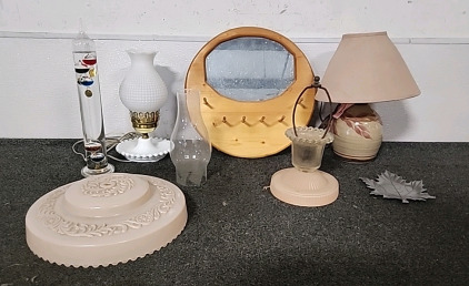 Various Antique Lamps,Light covers, Thermometer