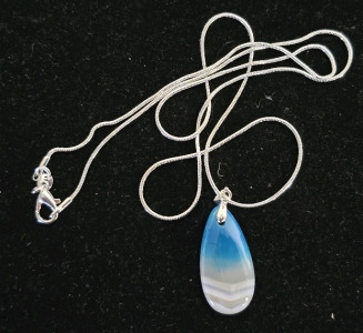 Blue/White Striped Agate Teardrop Gemstone .925 Silver Necklace